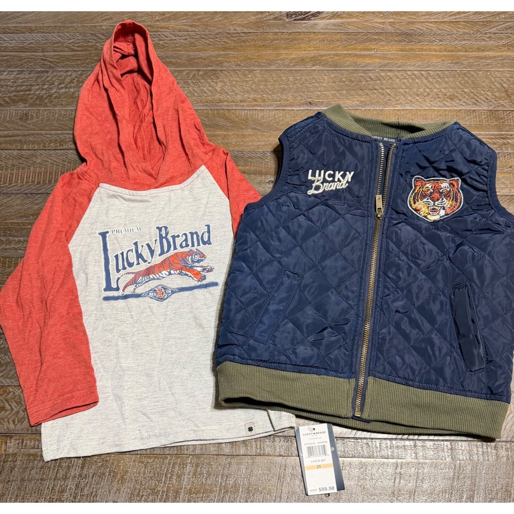 Lucky Brand Vest Hoodie Set Kids 2T Navy Red NWT Tiger Graphic Quilted